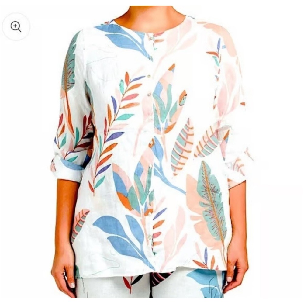 Cynthia Rowley Plus Size 3X Linen Button‎ Up Roll Tab Sleeve Shirt Leaf Print